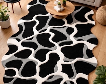 Hand Tufted Black White Abstract Rug Modern Organic Statement Area Carpet