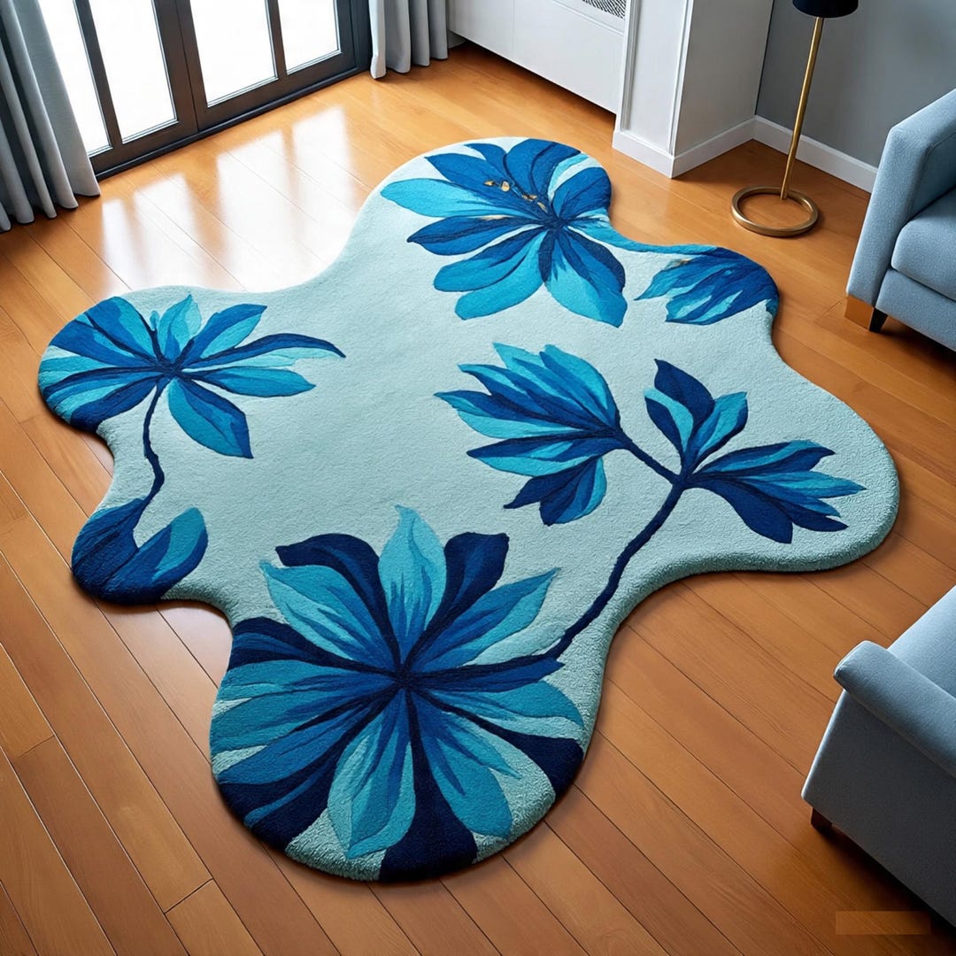 Modern Rug Lotus Rug Irregular Shape Blue Lotus Floral Area Rug - Tufted Modern Botanical ...
