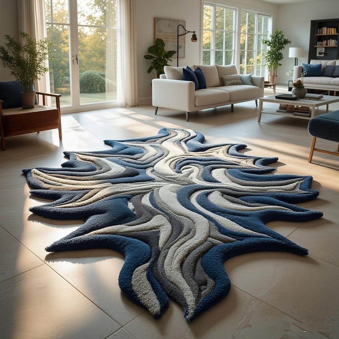 Hand Tufted Abstract Shape Rug Modern Blue Living Room Handmade ...