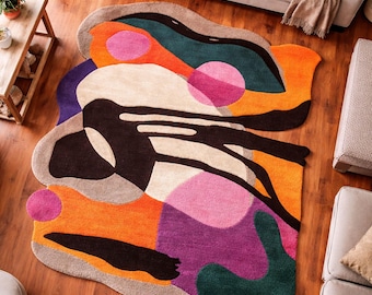 Abstract Tufted Rug Irregular Shape Modern Colorful Handmade Area Rug Living Room Decor