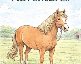 May include: A watercolor illustration of a tan horse standing in a field, with the title "Horse Adventures" at the top. The horse has a light-colored mane and tail, and is wearing a bridle. The background includes a blue sky, trees, and a barn.