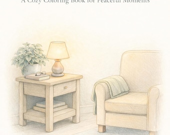 Peut inclure: Illustration d'une scène paisible avec un livre de coloriage intitulé "Quiet Evenings". Une lampe allumée est posée sur une table de chevet en bois, à côté d'une plante en pot, de lunettes et d'une pile de livres. Un plaid est posé sur un fauteuil.