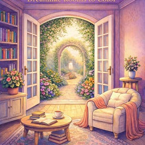 以下が含まれることがあります： 「Curious Spaces: Dreamlike Rooms to Color」というタイトルの本の表紙。庭に通じるドアが開いた居心地の良い部屋が描かれています。丸いテーブルには本とコーヒーカップが置かれています。