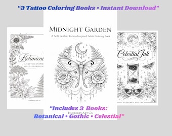 Tattoo Ink Trilogy Coloring Book Bundle | Botanical, Gothic & Celestial Adult Coloring Books | Printable PDF