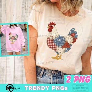 May include: A cream-colored t-shirt featuring a patchwork rooster design in red, blue, and white. The rooster has a red comb and wattle, with a checkered pattern on its chest. A pink sweatshirt with the same rooster design is also shown.