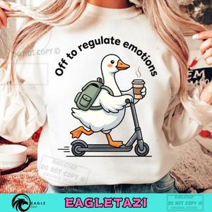 Off to Regulate Emotions PNG – Funny Goose on Scooter Mental Health Humor Design (Digital Download)