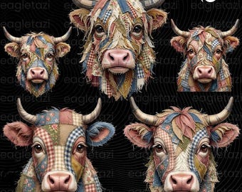 Patchwork Highland Cow PNG Bundle, spring png, Rustic Farmhouse Quilt Cow Clipart Bundle (Digital Download)