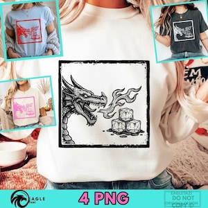 Puede incluir: Camiseta blanca con un diseño de dragón en blanco y negro que respira fuego sobre cubitos de hielo. El diseño está enmarcado en un cuadrado negro. Se muestran camisetas adicionales en azul, rosa y gris con el mismo diseño. El texto "4 PNG" está en la parte inferior.