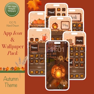 May include: A digital collection of smartphone interface designs featuring an autumn theme with orange, brown, and yellow fall leaves, carved pumpkins, and warm lighting. The pack includes various app icons, wallpapers, and widgets displayed on multiple phone screens with text labels like Travel, Work, Finance, and Shopping.