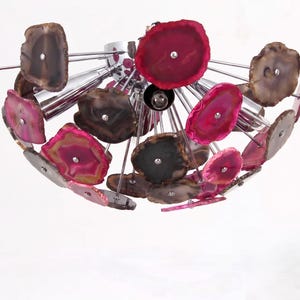 Pink & Multi-Colour Agate Stone Sputnik Flush Mount Ceiling Light - Brass Luxury Gemstone Ceiling Lamp - Crystal Slice Starburst Chandelier