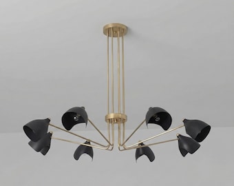 Mid-Century Modern Duckbill Chandelier, Black Brass French Industrial Large Ceiling Light