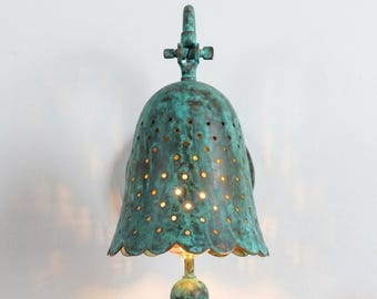 Handcrafted Verdigris Wall Sconce, Perforated Bell Shade Sconce, Green Patina Wall Light, Plug in wall Sconce