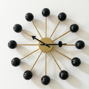 George Nelson Style Ball Wall Clock, Black & Brass, Mid-Century Modern Replica