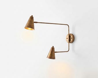 Mid Century Modern Double Swing Arm Wall Sconce - Adjustable Vanity Light - Articulated Wall Lamp - 2 Light Brass Reading Lamp