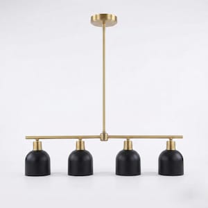 Modern 42" Brass Linear Chandelier - 4 Light Brass Pendant Fixture - Mid-Century Minimalist Dome Dining Room Ceiling Light