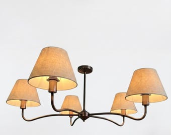 5 licht koperen kroonluchter met linnen stoffen tinten - plafondarmatuur woonkamer - moderne hanglamp met golvende luifel voor eetkamer