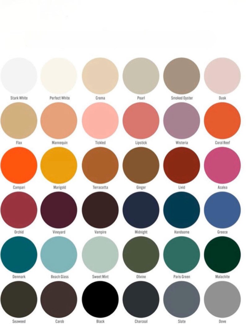 May include: A color chart featuring thirty-six circular swatches arranged in a grid. Each circle displays a unique color with its corresponding name printed in black text underneath, including Stark White, Crema, Coral Reef, and Midnight.