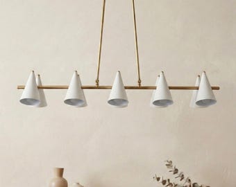 Oversized Linear Chandelier, Brass Spine, Matte White Cone Shades, 56 Inch Dining Light