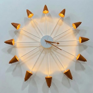 May include: A modern wall clock with a white face and brown hands. The clock features twelve brown cone-shaped lights radiating outwards from the center, each with a warm glow. The clock is mounted on a white wall.