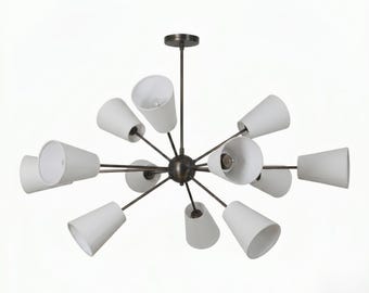 12-punktowa wisząca lampa sufitowa z abażurem z tkaniny - Wielki żyrandol wieloramienny z lnianymi abażurami - Organiczny żyrandol do przedpokoju w stylu Mid Century