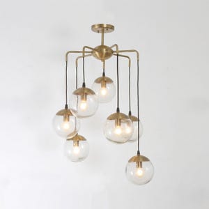 Mid-Century Modern Brass Glass Cascading Chandelier - High Ceiling Stairway Light - Entryway Pendant Light - Long Height Foyer Chandelier