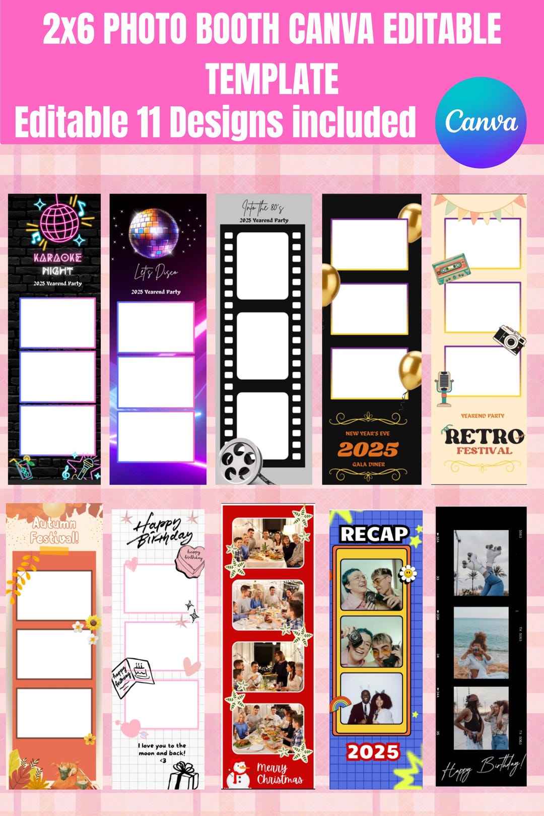 Photo Booth Template 2x6 Bundle 11 Editable Canva Photo Booth Strips
