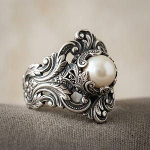 Silver Pearl Ring, Vintage Baroque Filigree Statement Band, Ornate Floral Scroll Design