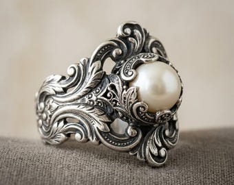 Silver Pearl Ring, Vintage Baroque Filigree Statement Band, Ornate Floral Scroll Design