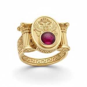 Gold Plated Sterling Silver Double Eagle Signet Ring, Red Stone Statement Ring
