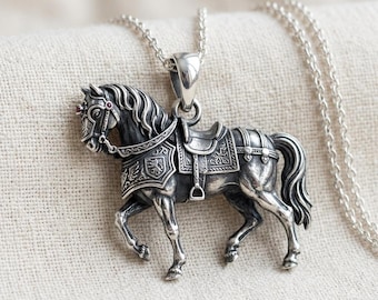 Victorian Horse Necklace Silver Animal Pendant with Red Stone Accents
