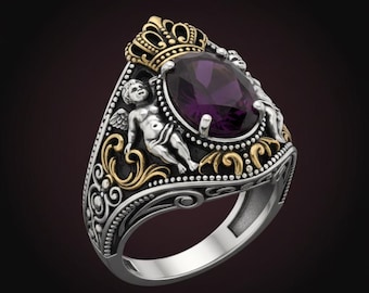 Pierścień z granatem cherubinowym w stylu gotyckim, pozłacane srebro próby 925, symbol królewskiej korony