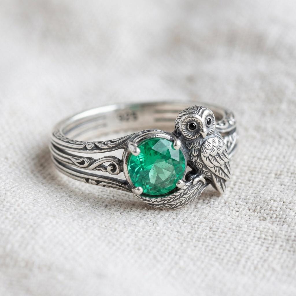 Gothic Owl Ring Silver Green Stone Royal Animal Ring Medieval Court Jewelry Vintage Baroque Bird Rin