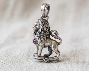 Lion Pendant Silver Victorian Animal Charm with Red Stone Accent