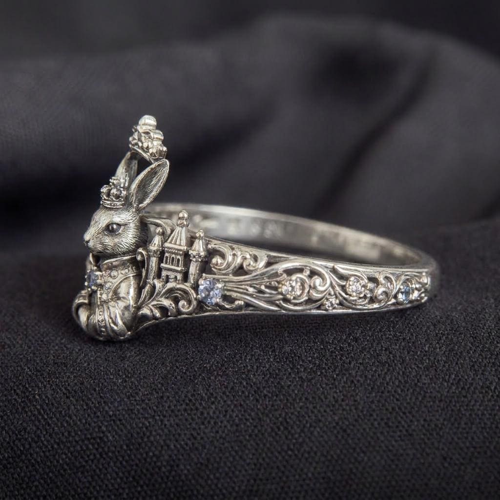Rabbit Crown Ring Silver Castle Filigree Animal Statement Band - Etsy