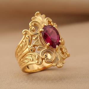 Baroque Gold Plated Sterling Silver Ring, Ruby Red Crystal Statement Cocktail Ring, Vintage Inspired Filigree Ring For Women