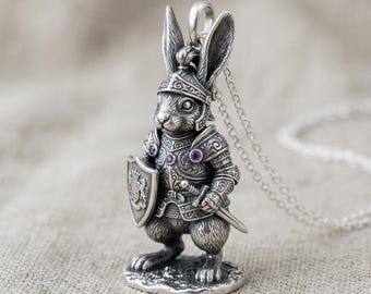 Victorian Rabbit Knight Pendant Necklace Silver Animal Armor Charm Purple Stone