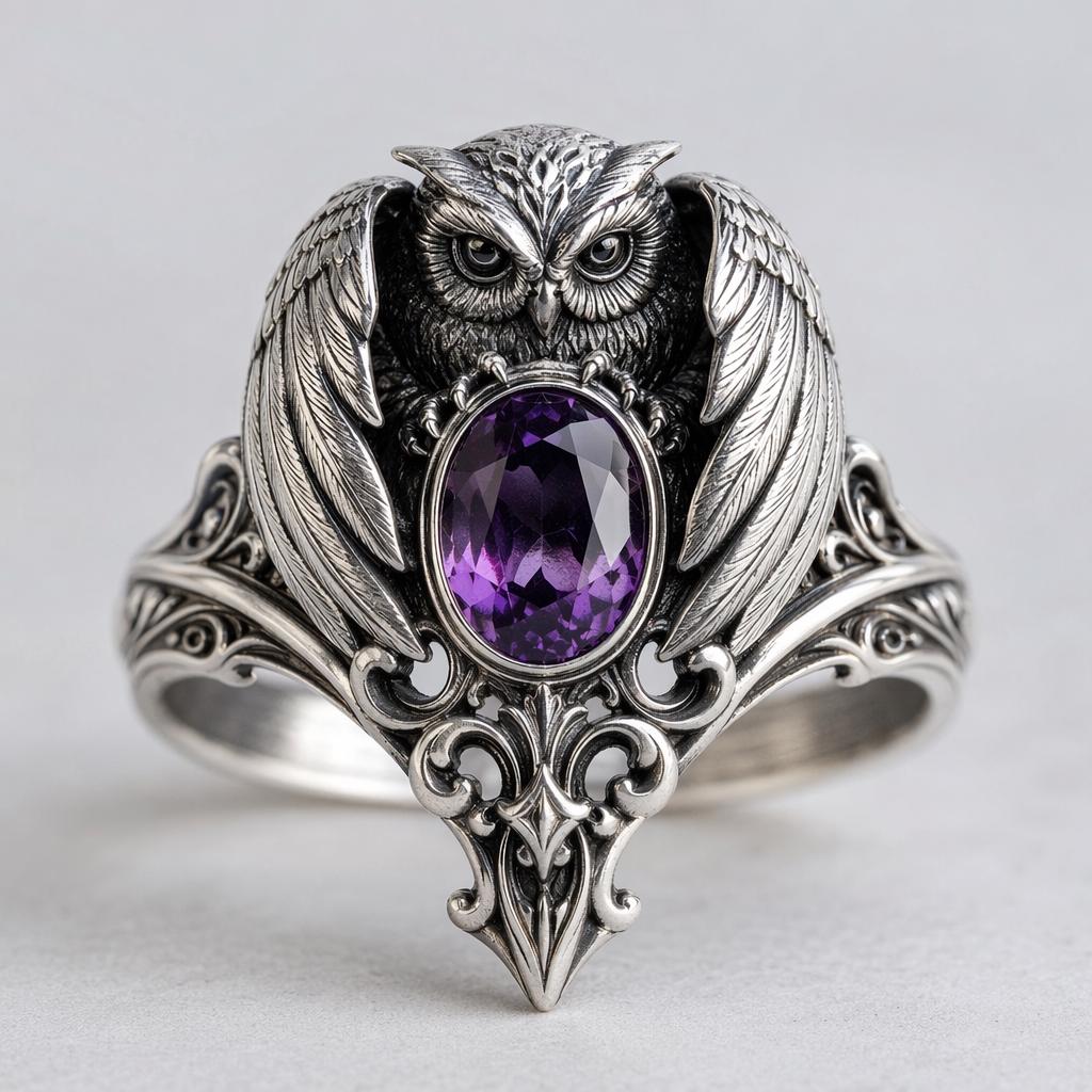Owl Statement Ring with Purple Gem, Silver Gothic Bird Cocktail Ring