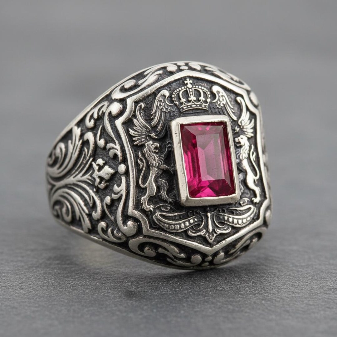 Sterling Silver Gothic Signet Ring, Ruby Red Stone, Medieval Crest ...