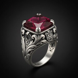 Robijnrode stenen zegelring in 925 sterlingzilver, gotische heraldische statementring heren, vintage stijl grote vierkante edelsteenring