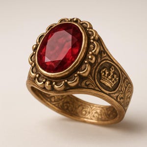 Puede incluir: Un anillo dorado con una gema roja ovalada y facetada. El anillo tiene un diseño ornamentado con un emblema de corona en el lateral y detalles de volutas. El engaste y la banda del anillo son de un cálido color oro antiguo.