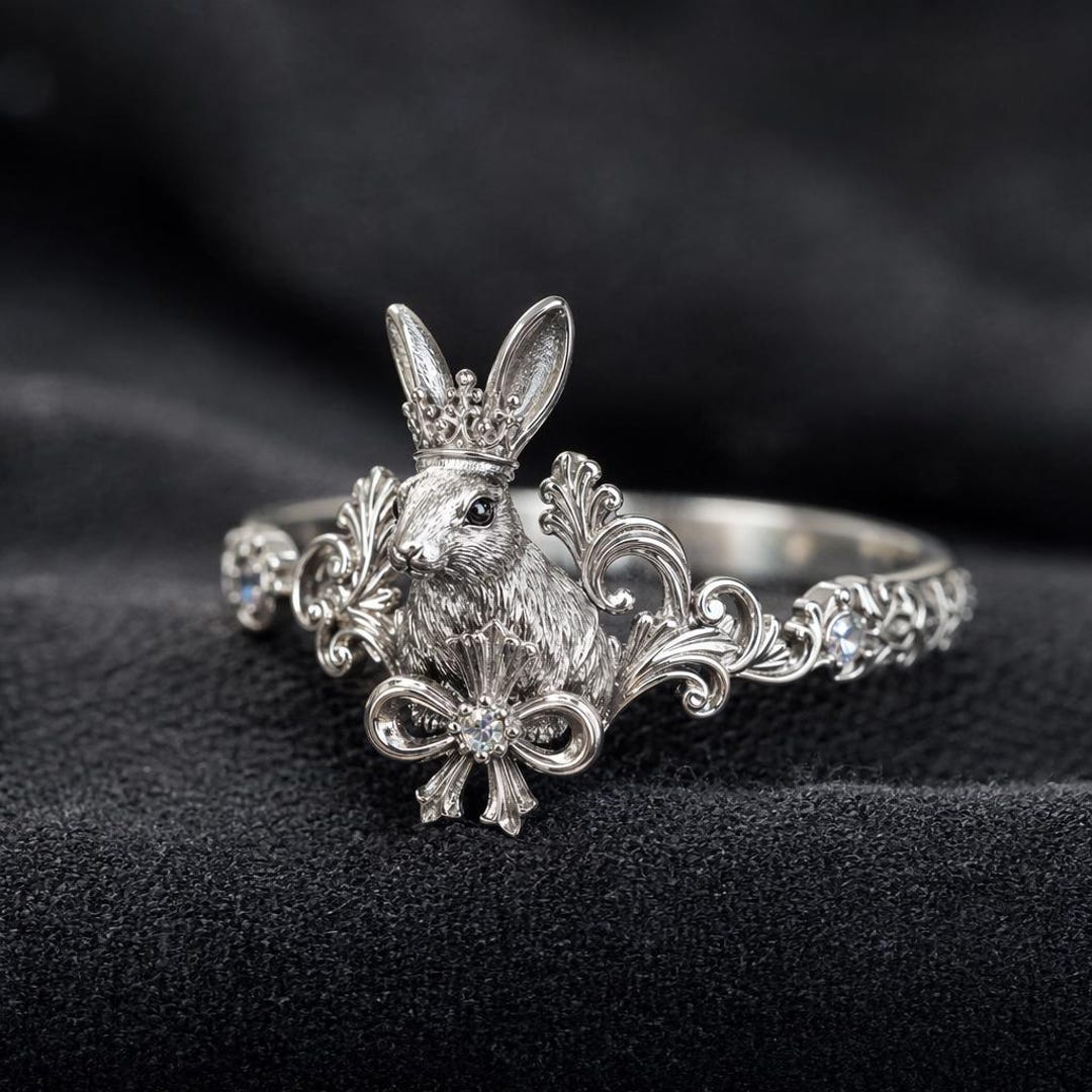 Rabbit Crown Ring Silver Bunny Filigree Band With Clear Stone Accents ...