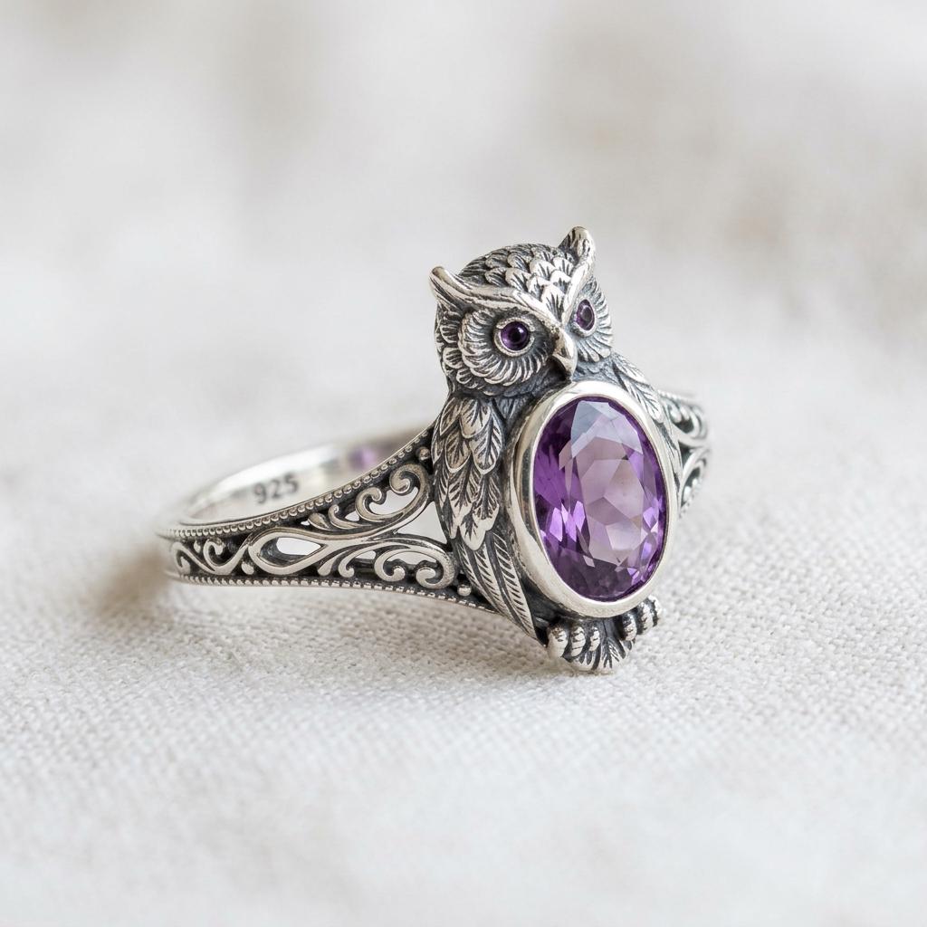 Owl Ring Sterling Silver Purple Stone Filigree Band Bird Statement Ring