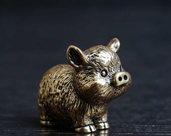 Hand Carved Solid Brass Pig Figurine, Miniature Desk Decor, Vintage Style Chinese Zodiac Pig Statue & Cute Gift