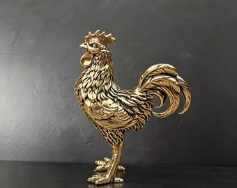 Solid Brass Rooster Figurine, Antique Zodiac Metal Animal Ornament, Antique Copper collectible Desktop Decor, Vintage Tea Pet Statue