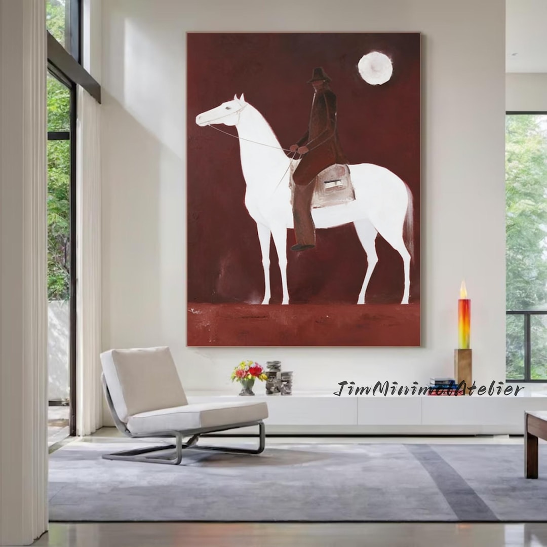 Vintage Abstract Horse Rider Painting Large Red Textured Wall Art ...