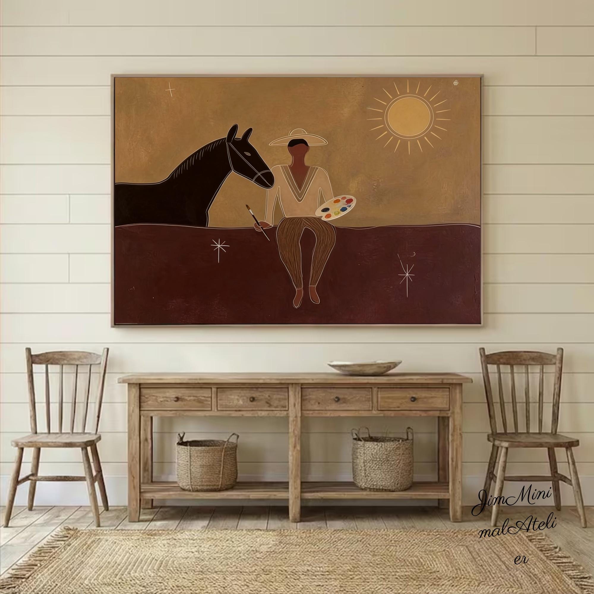 Japandi Western Conwboy Wall Art Original Western Cowboy and Horse Oil ...
