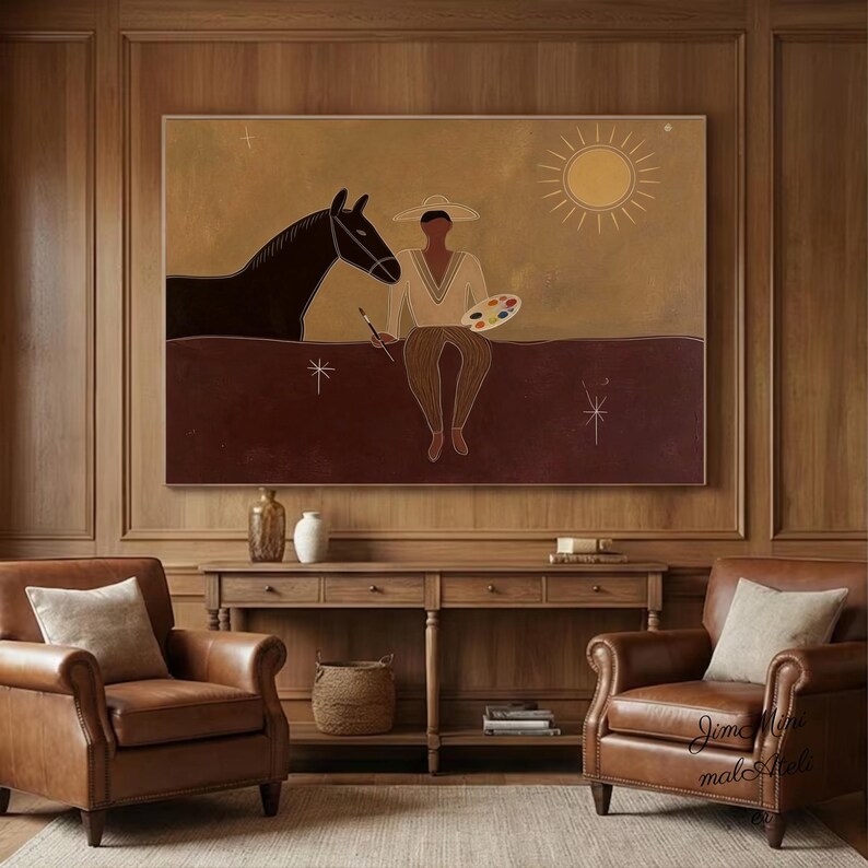 Japandi Western Conwboy Wall Art Original Western Cowboy and Horse Oil ...
