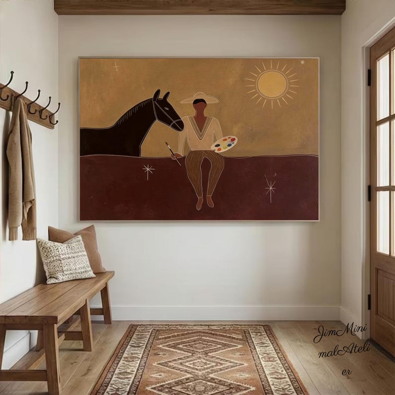 Japandi Western Conwboy Wall Art Original Western Cowboy and Horse Oil ...