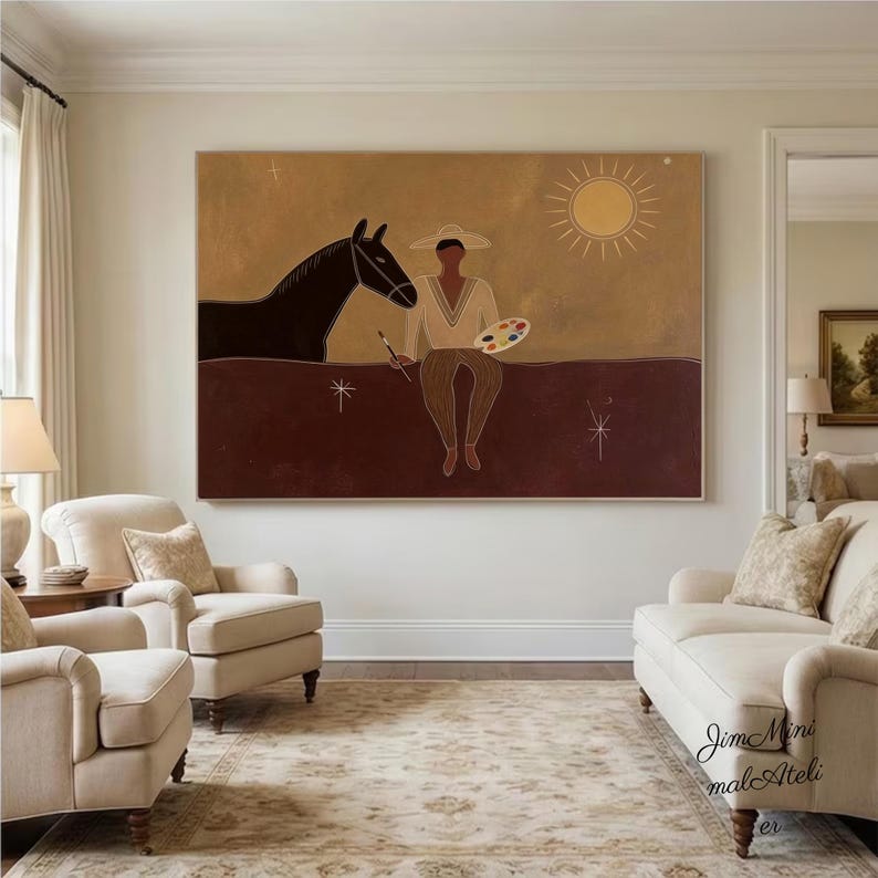 Japandi Western Conwboy Wall Art Original Western Cowboy and Horse Oil ...