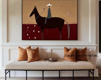 Japandi Western Conwboy Wall Art Original Western Cowboy and Horse Oil ...